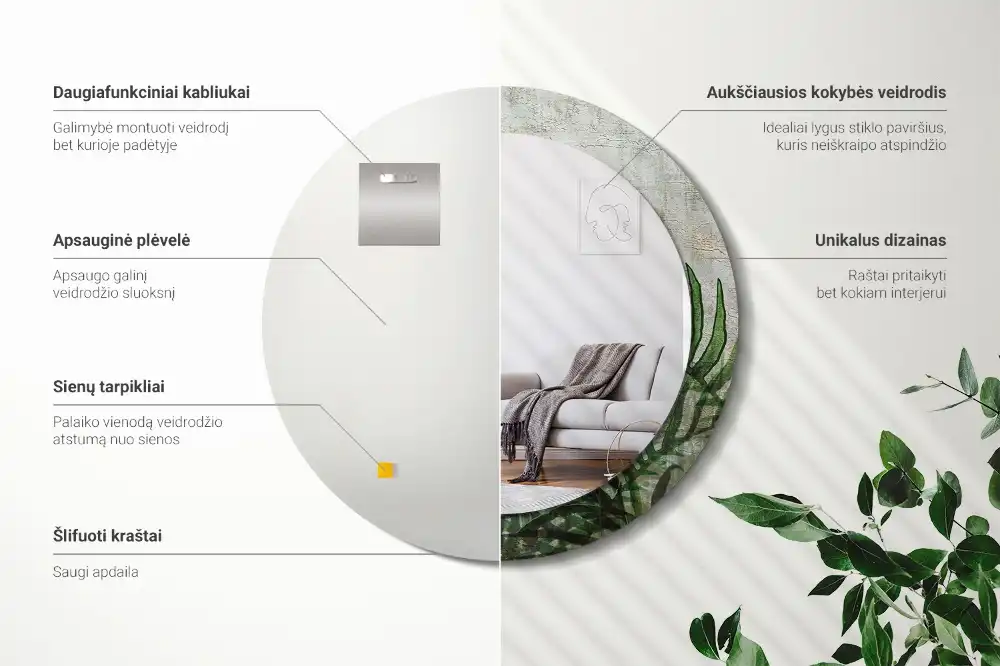 Oglindă rotundă decorativă cu model frunze de ferigă