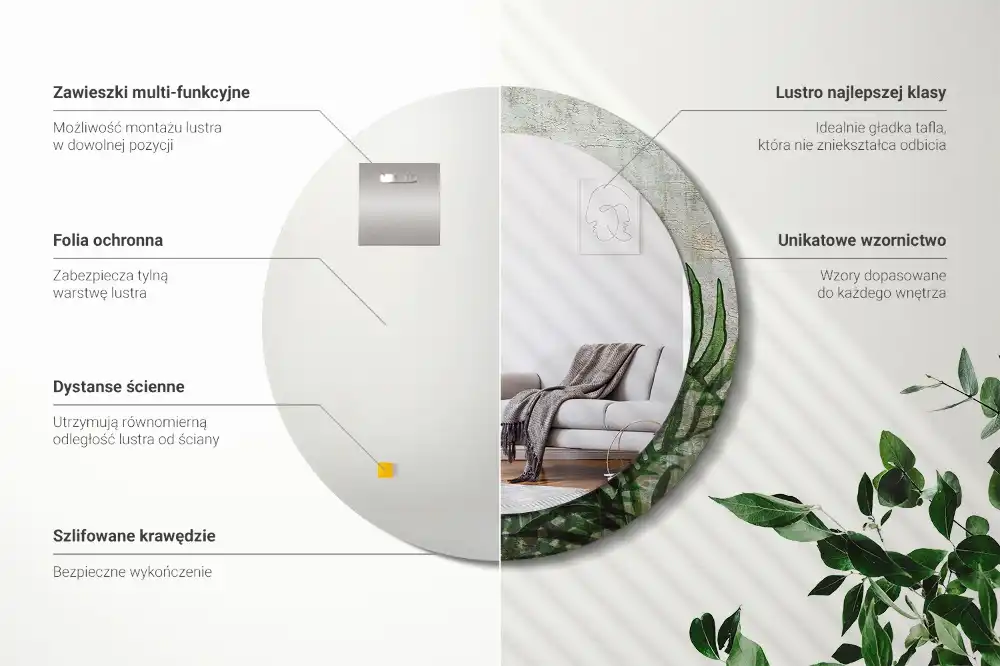 Oglindă rotundă decorativă cu model frunze de ferigă
