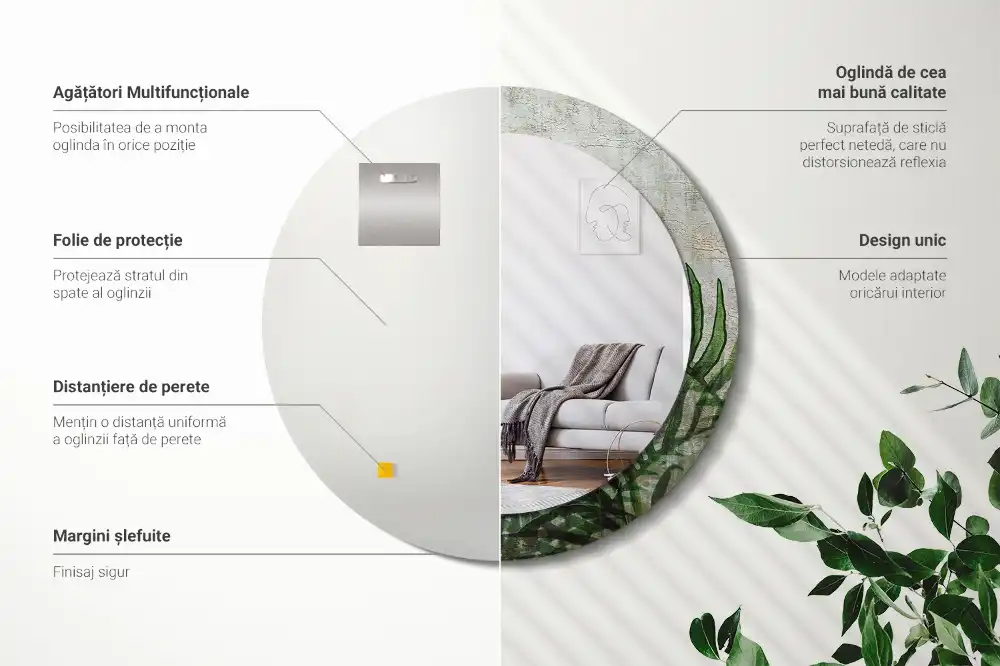 Oglindă rotundă decorativă cu model frunze de ferigă