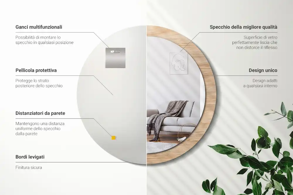 Oglindă rotundă cu ramă cu imprimeu de lemn