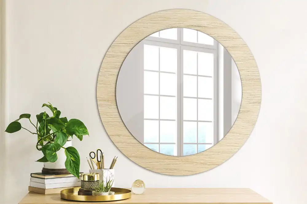 Oglindă rotundă decorativă de perete din lemn deschis