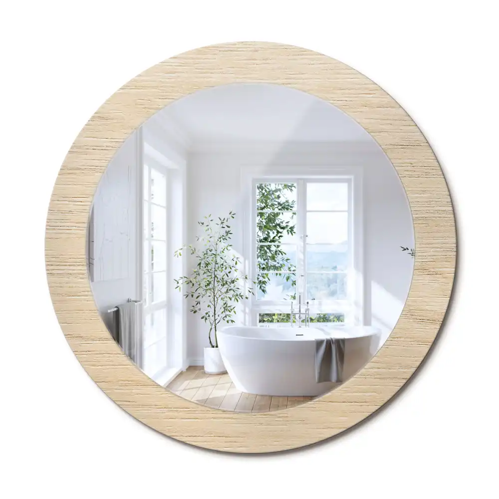 Oglindă rotundă decorativă de perete din lemn deschis