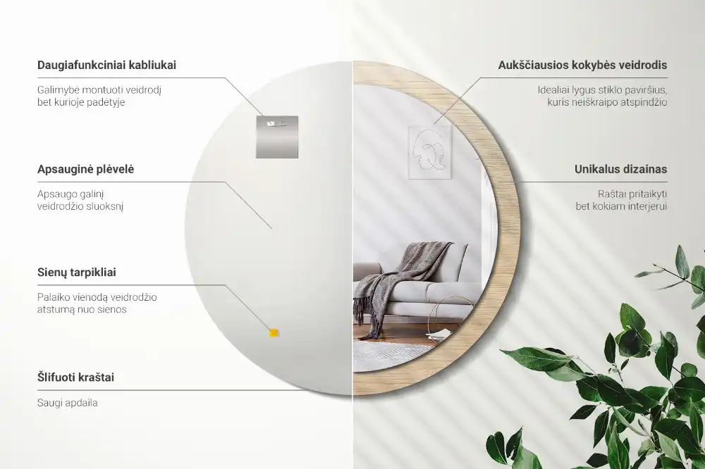 Oglindă rotundă decorativă de perete din lemn deschis