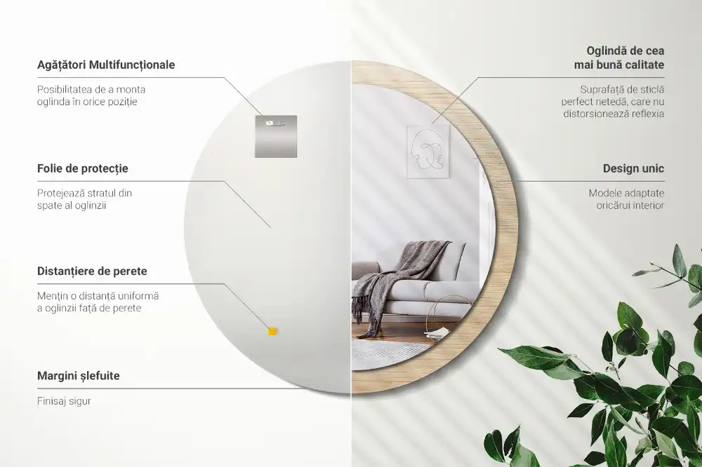 Oglindă rotundă decorativă de perete din lemn deschis