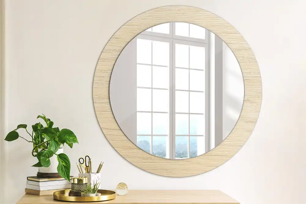 Oglindă rotundă decorativă de perete din lemn deschis