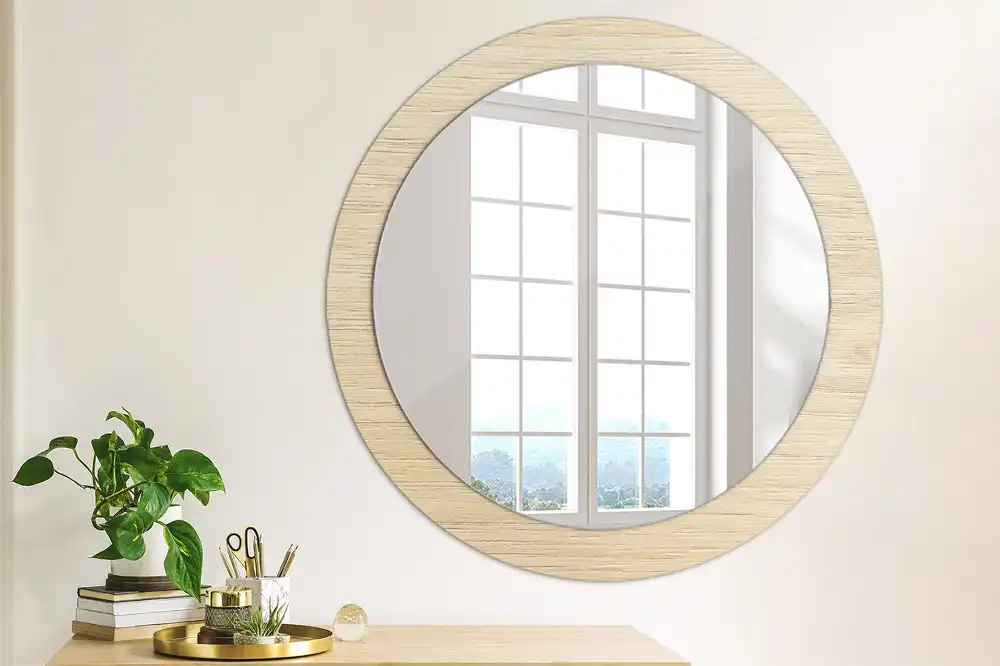 Oglindă rotundă decorativă de perete din lemn deschis