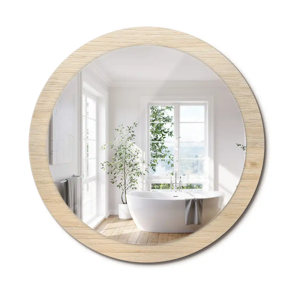 Oglindă rotundă decorativă de perete din lemn deschis