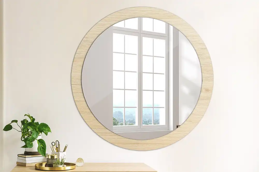 Oglindă rotundă decorativă de perete din lemn deschis