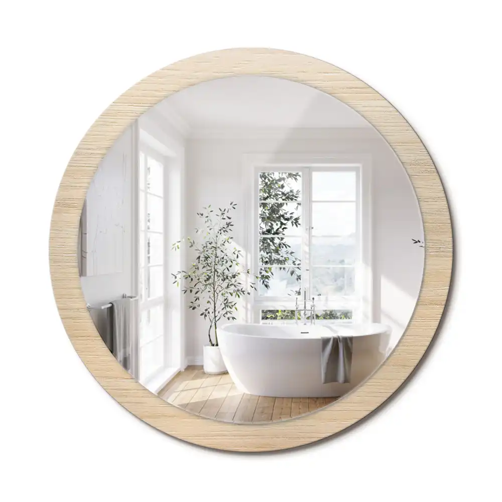 Oglindă rotundă decorativă de perete din lemn deschis
