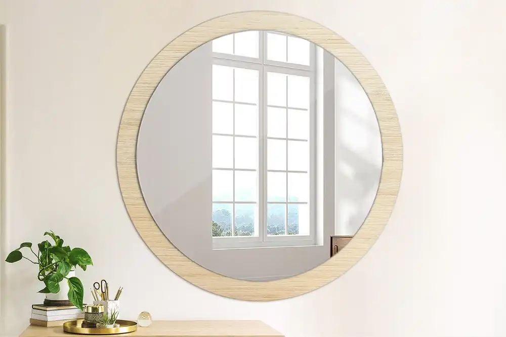 Oglindă rotundă decorativă de perete din lemn deschis