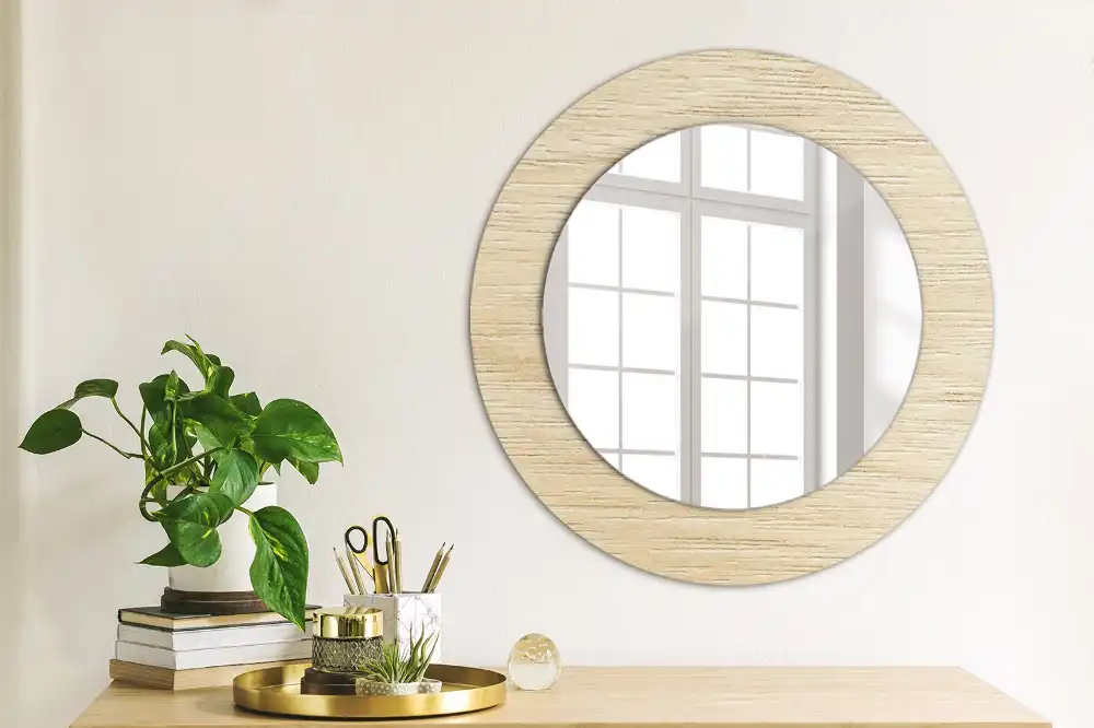 Oglindă rotundă decorativă de perete din lemn deschis