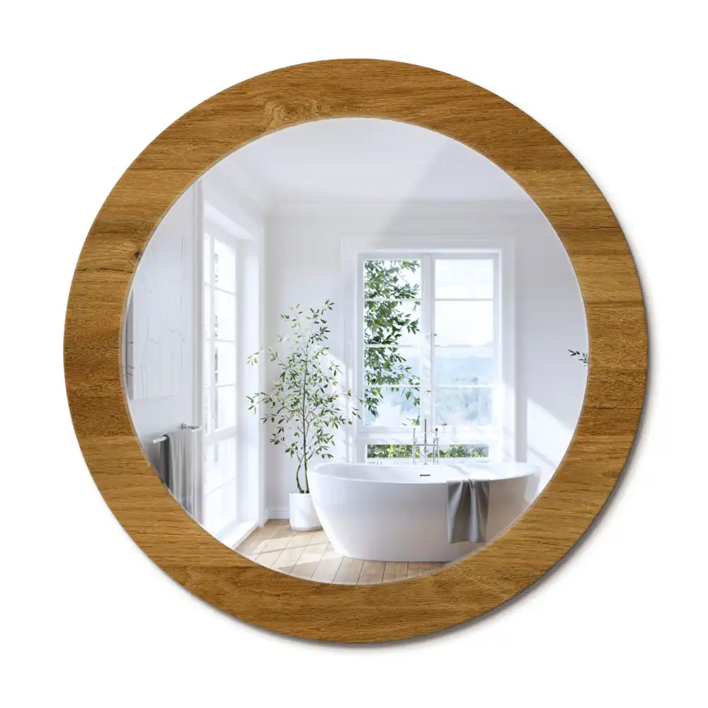 Oglindă rotundă cu imprimeu stejar rustic