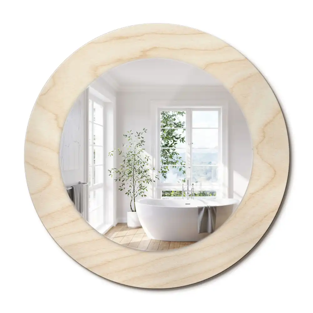 Oglindă rotundă decorativă cu ramă din lemn deschis