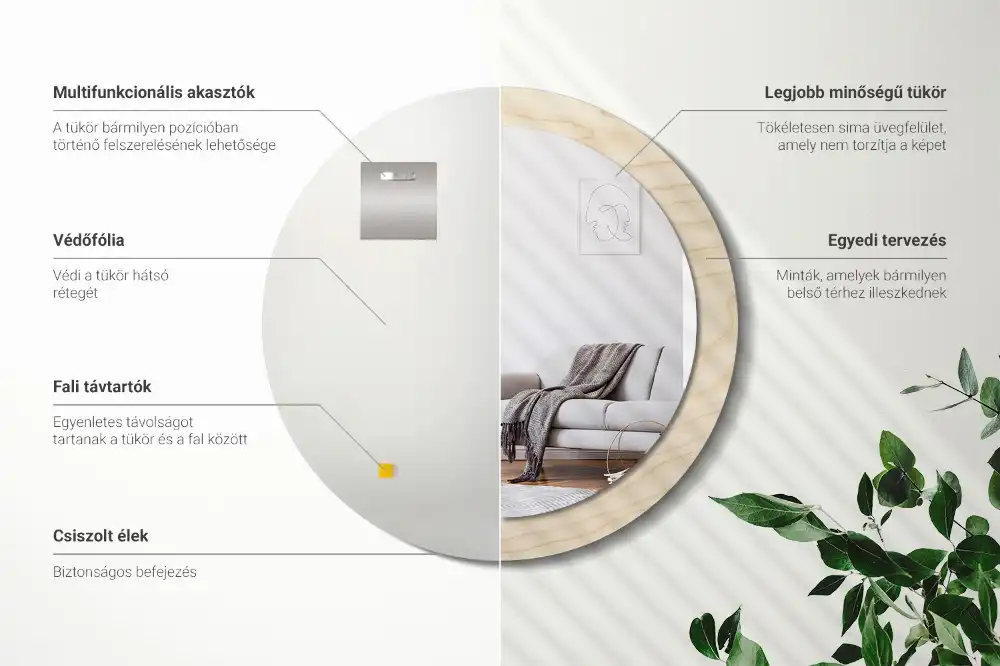 Oglindă rotundă decorativă cu ramă din lemn deschis