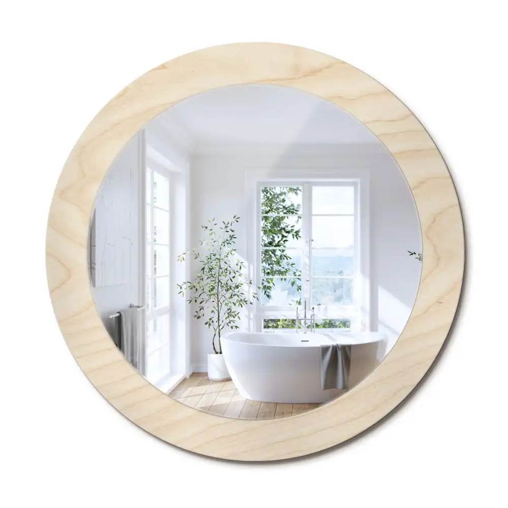 Oglindă rotundă decorativă cu ramă din lemn deschis