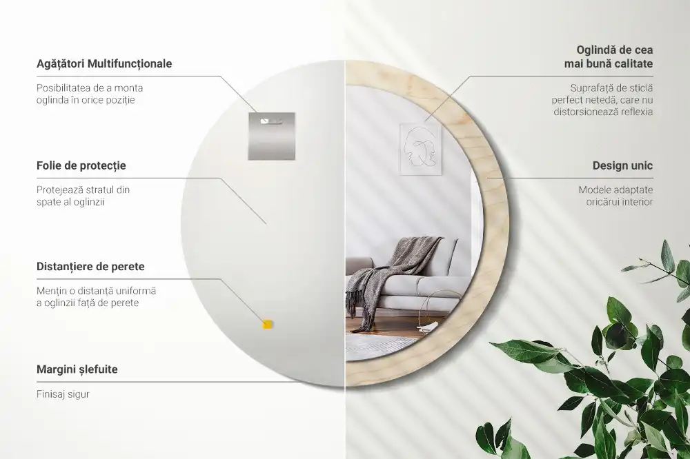 Oglindă rotundă decorativă cu ramă din lemn deschis