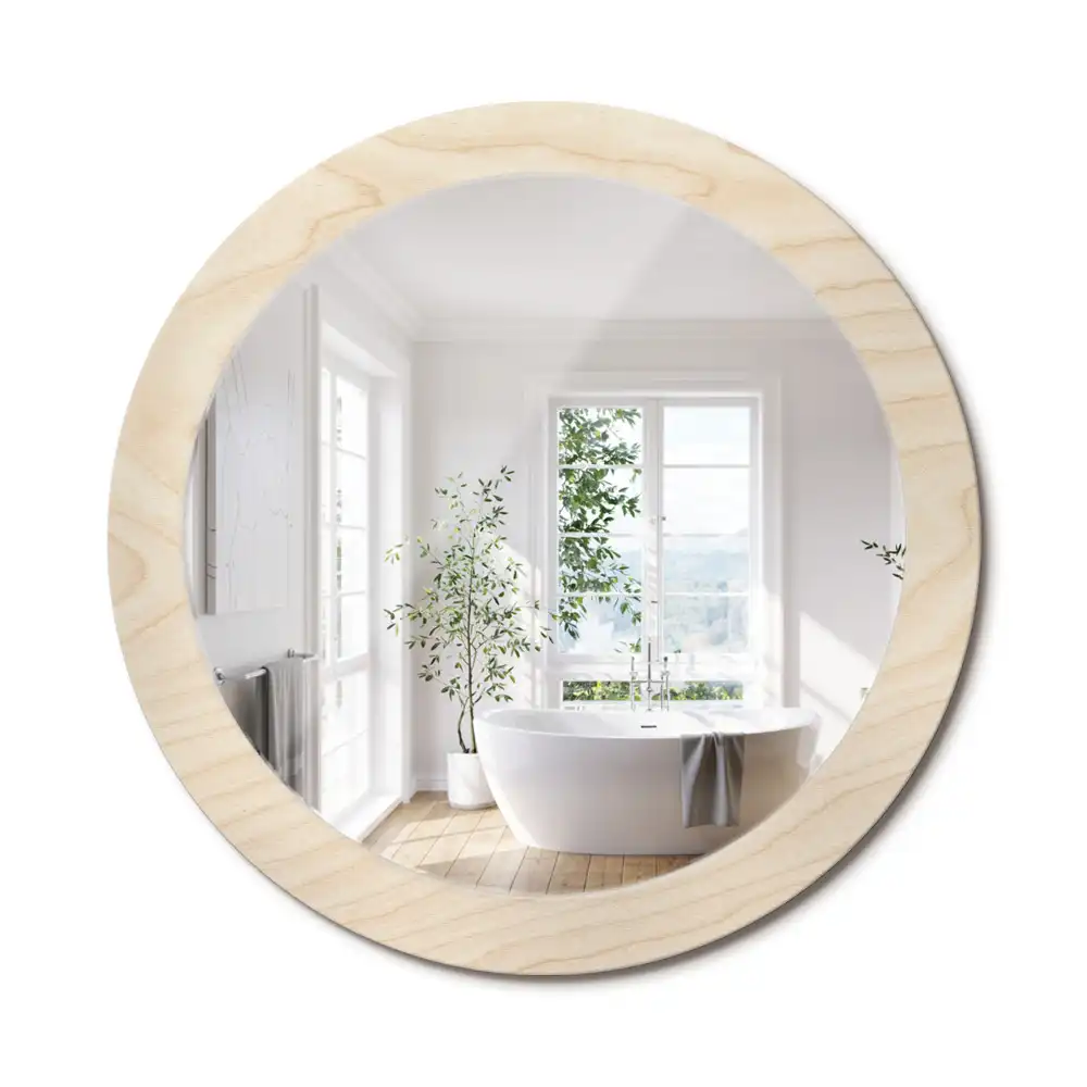 Oglindă rotundă decorativă cu ramă din lemn deschis