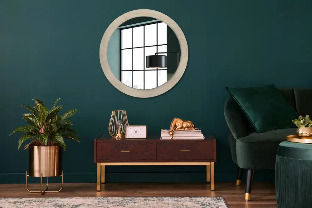 Oglindă rotundă decorativă cu ramă din lemn deschis