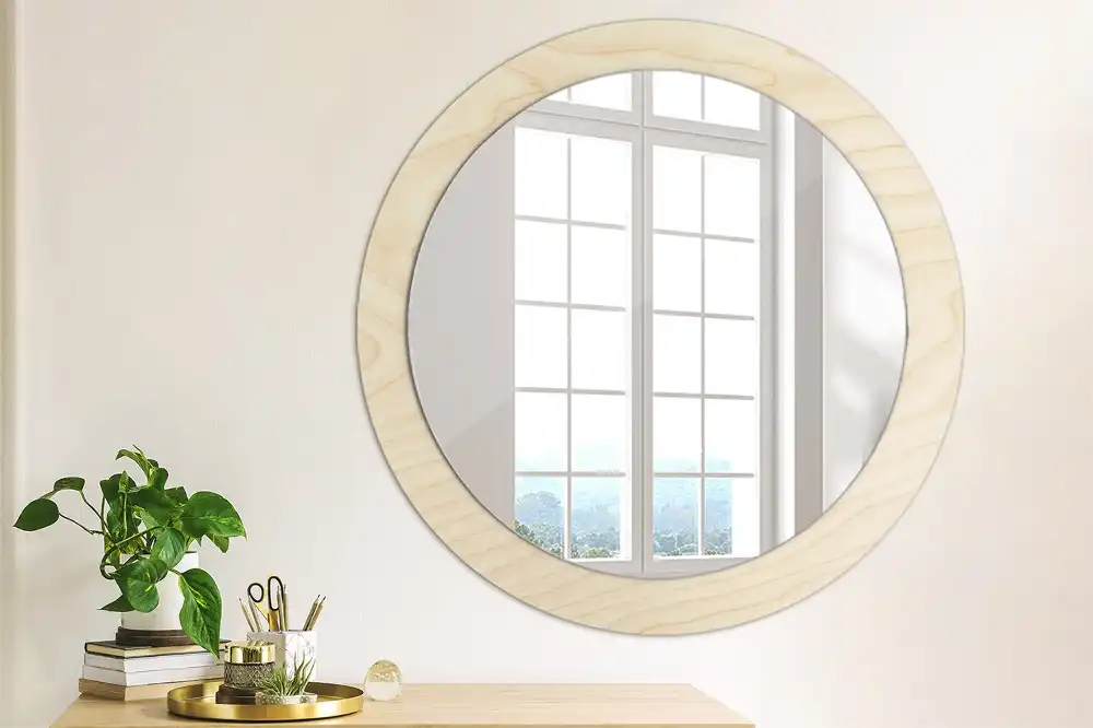 Oglindă rotundă decorativă cu ramă din lemn deschis