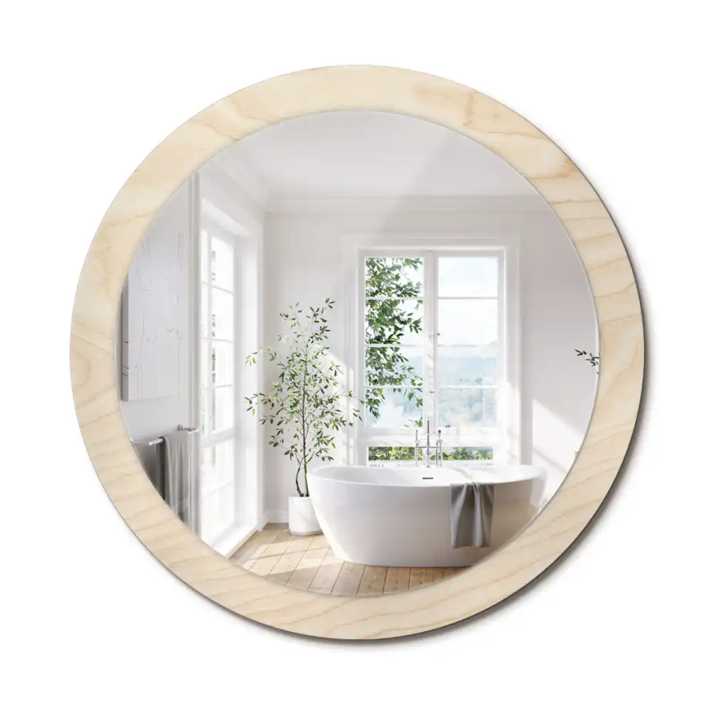 Oglindă rotundă decorativă cu ramă din lemn deschis