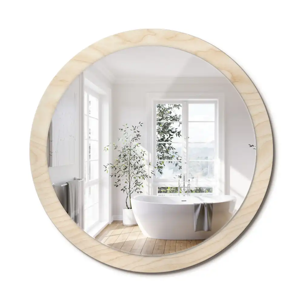 Oglindă rotundă decorativă cu ramă din lemn deschis
