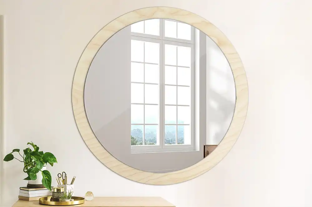 Oglindă rotundă decorativă cu ramă din lemn deschis