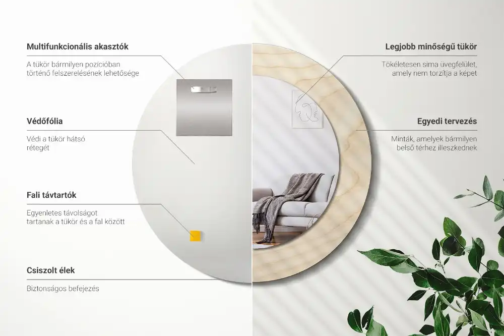 Oglindă rotundă decorativă cu ramă din lemn deschis