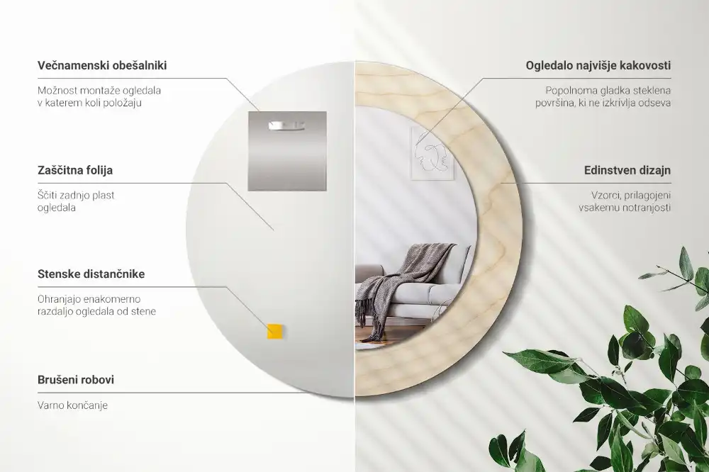 Oglindă rotundă decorativă cu ramă din lemn deschis