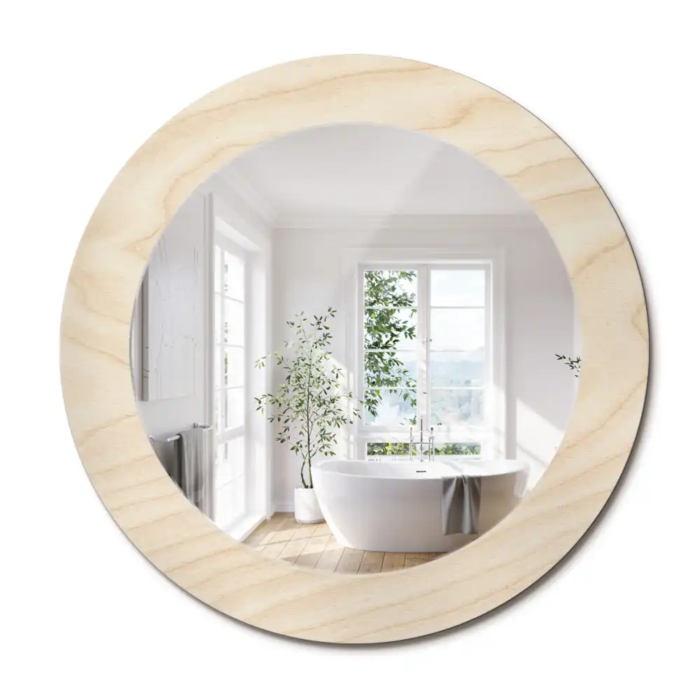 Oglindă rotundă decorativă cu ramă din lemn deschis