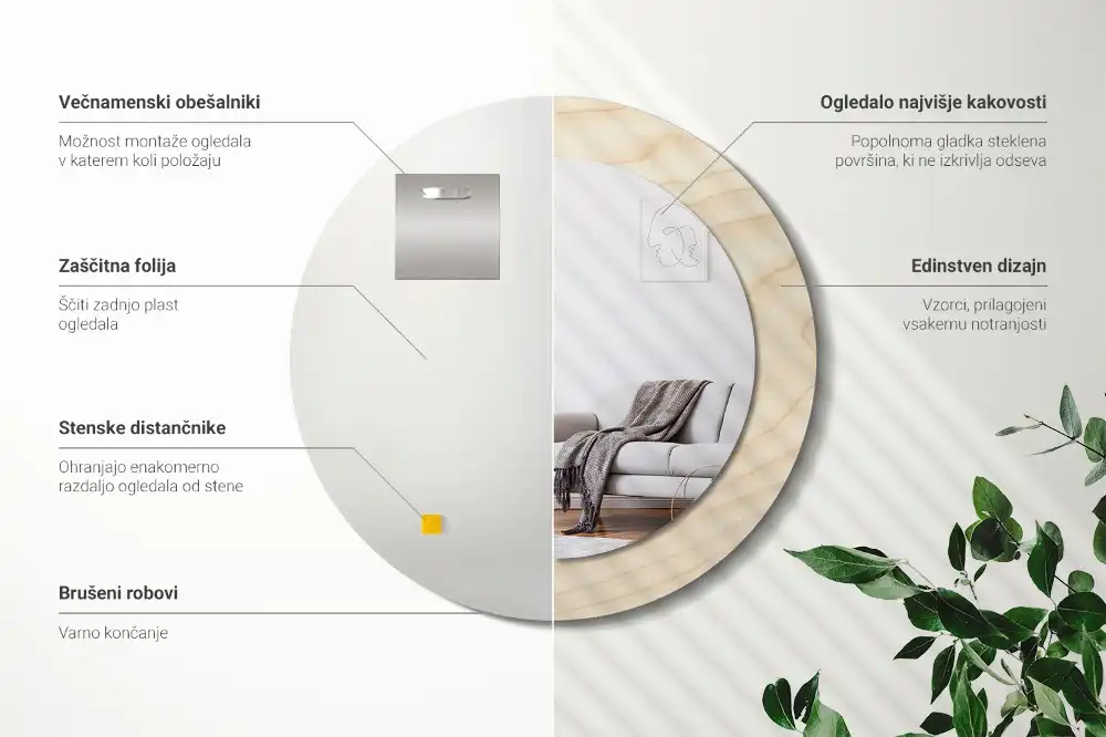 Oglindă rotundă decorativă cu ramă din lemn deschis