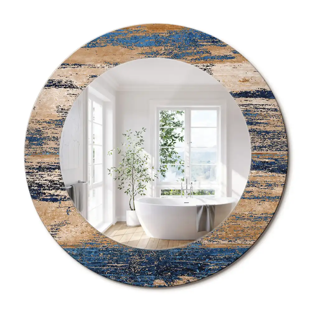 Oglindă decorativă rotundă cu ramă din lemn abstract