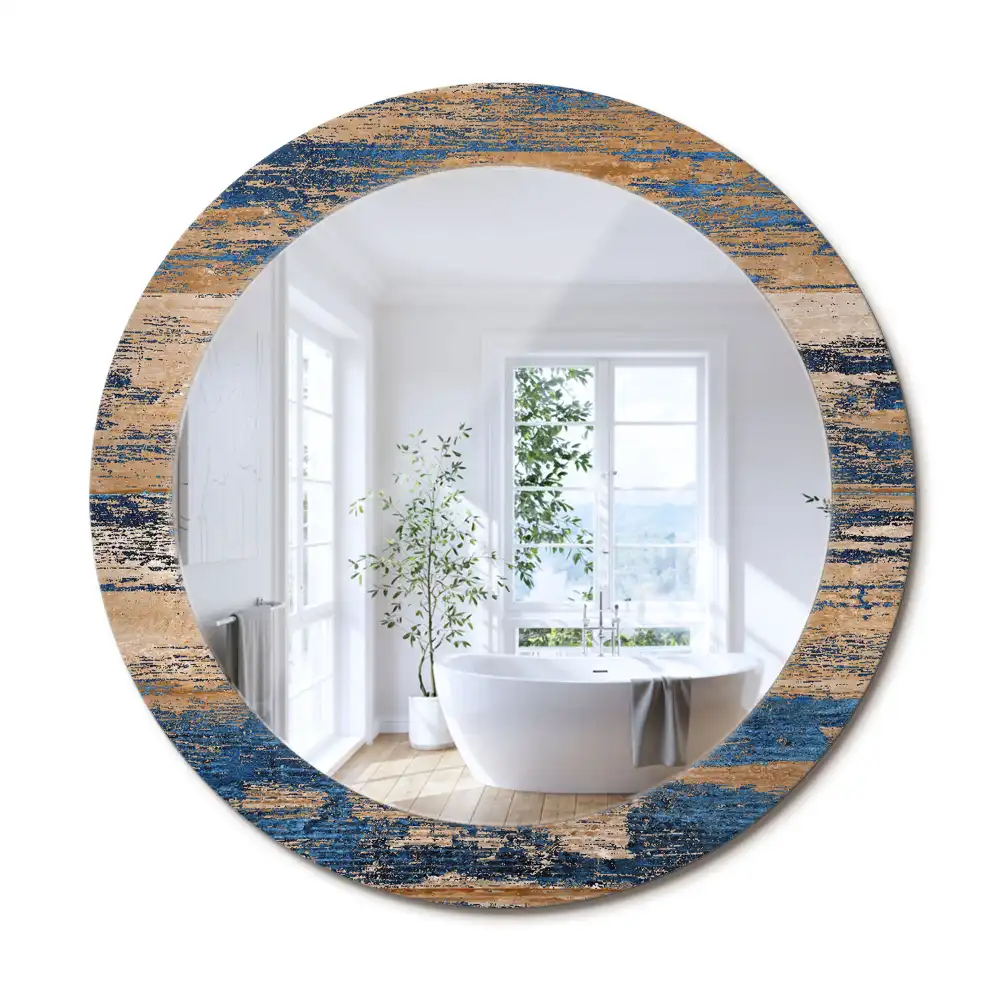 Oglindă decorativă rotundă cu ramă din lemn abstract