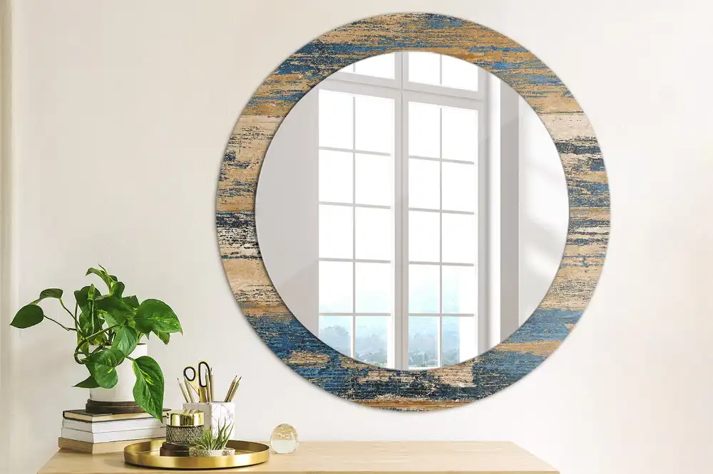 Oglindă decorativă rotundă cu ramă din lemn abstract