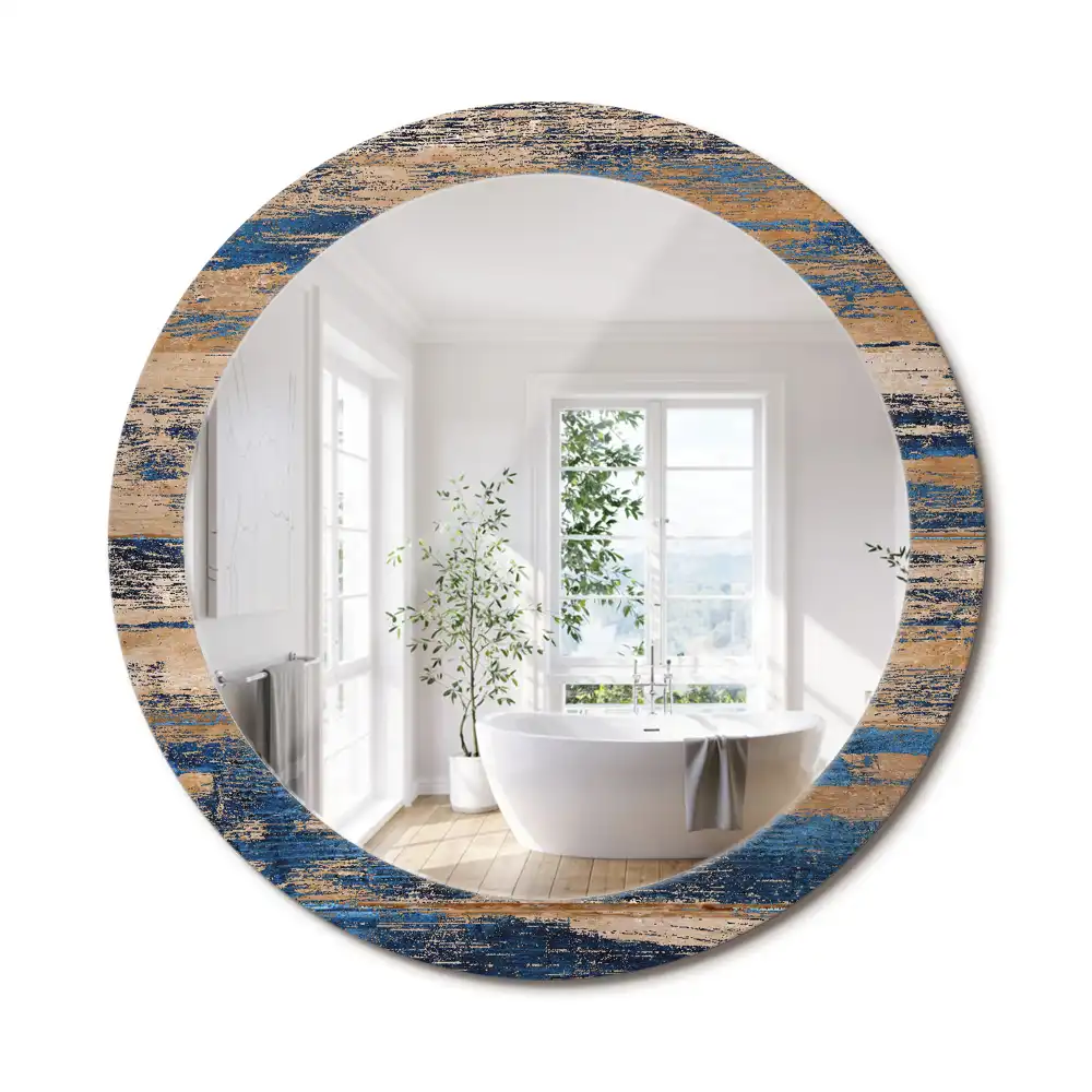 Oglindă decorativă rotundă cu ramă din lemn abstract