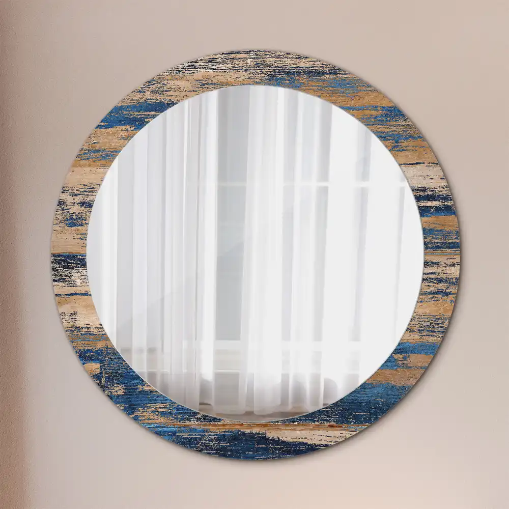 Oglindă decorativă rotundă cu ramă din lemn abstract