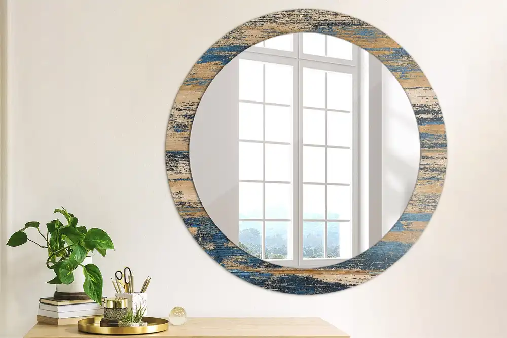 Oglindă decorativă rotundă cu ramă din lemn abstract