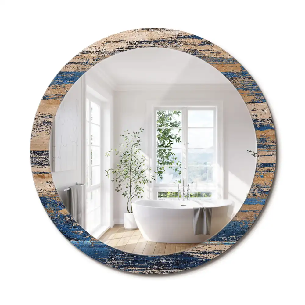 Oglindă decorativă rotundă cu ramă din lemn abstract