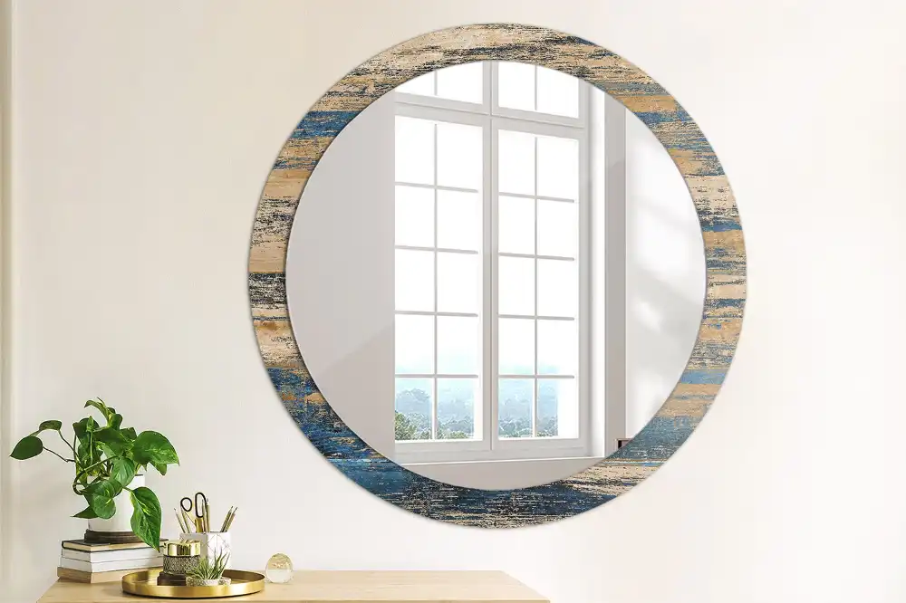 Oglindă decorativă rotundă cu ramă din lemn abstract