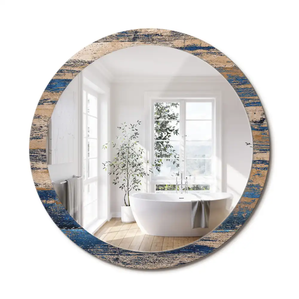 Oglindă decorativă rotundă cu ramă din lemn abstract