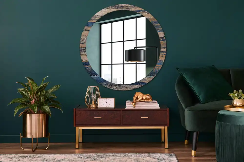 Oglindă decorativă rotundă cu ramă din lemn abstract