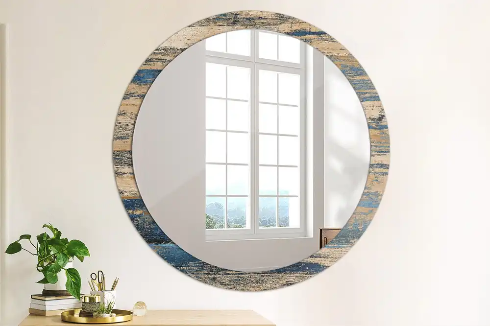 Oglindă decorativă rotundă cu ramă din lemn abstract