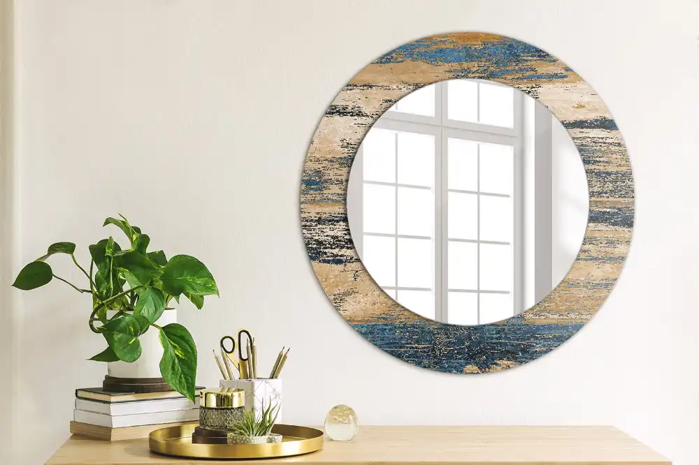 Oglindă decorativă rotundă cu ramă din lemn abstract