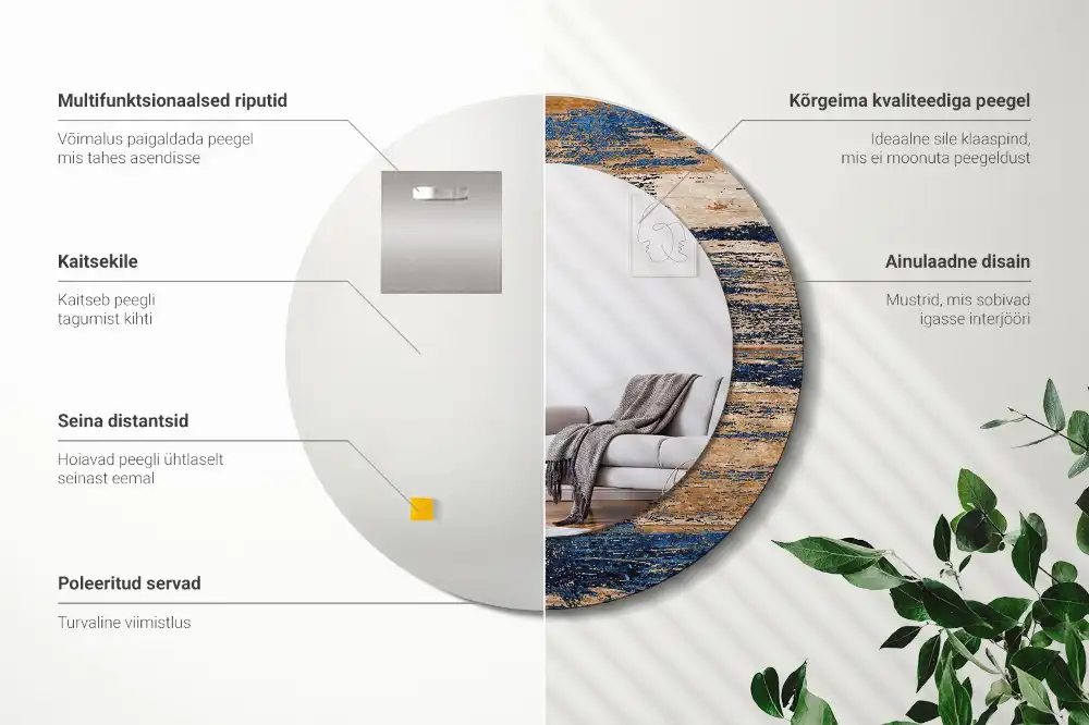 Oglindă decorativă rotundă cu ramă din lemn abstract