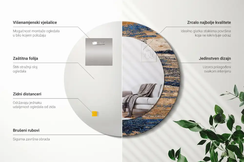 Oglindă decorativă rotundă cu ramă din lemn abstract