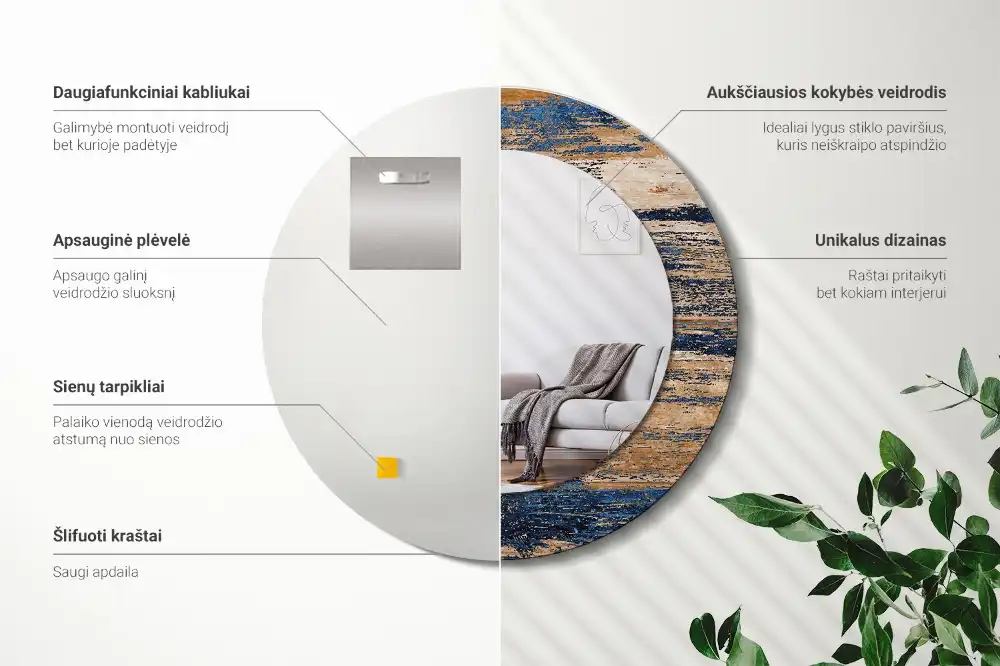 Oglindă decorativă rotundă cu ramă din lemn abstract