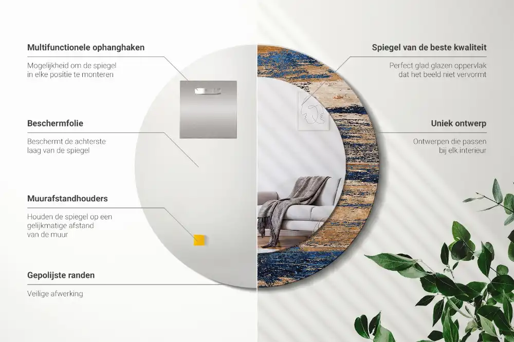 Oglindă decorativă rotundă cu ramă din lemn abstract