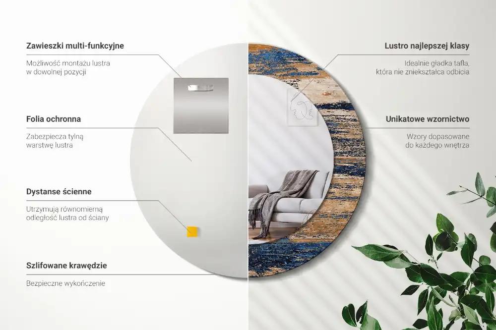 Oglindă decorativă rotundă cu ramă din lemn abstract