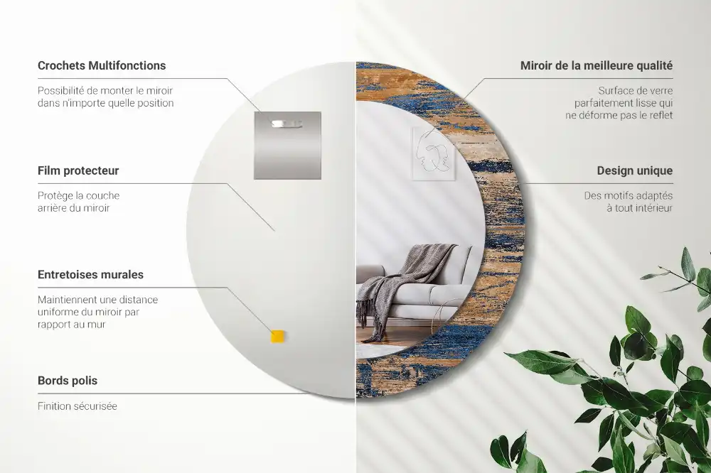 Oglindă decorativă rotundă cu ramă din lemn abstract