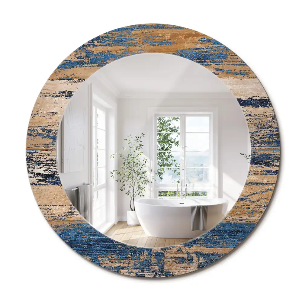 Oglindă decorativă rotundă cu ramă din lemn abstract