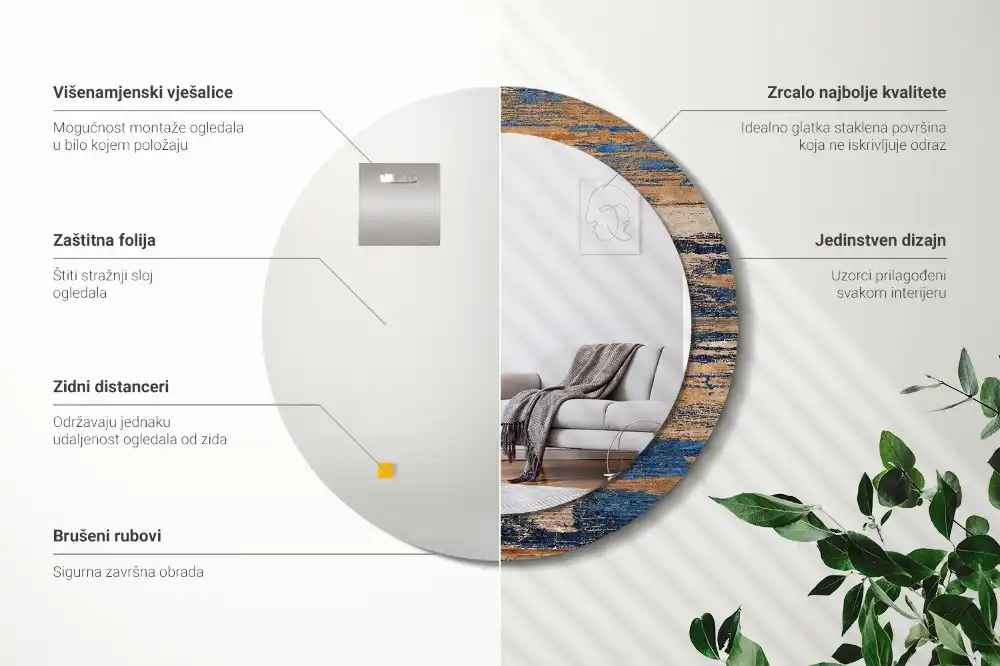 Oglindă decorativă rotundă cu ramă din lemn abstract
